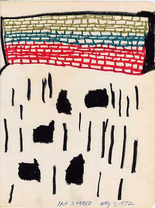 “Brick wall with burnt trees and houses”. 1972. Crayon on notebook paper. 9 3/4″ x 7 1/2″Abstract.1977 paint, collage on notebook paper 9 3/4″ x 7 1/2″