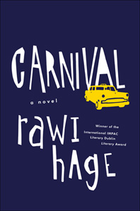 Carnival cover art. Large white text and artwork of a yellow taxi against a dark blue background