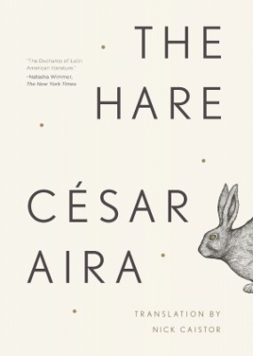 The Hare cover art. Thin text against a cream background with a sketch of a rabbit peeking out from the right side