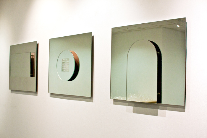 Barriers 1, 2, & 3, Sheet Mirror, 22 x 24 x 3 inches each, 2012