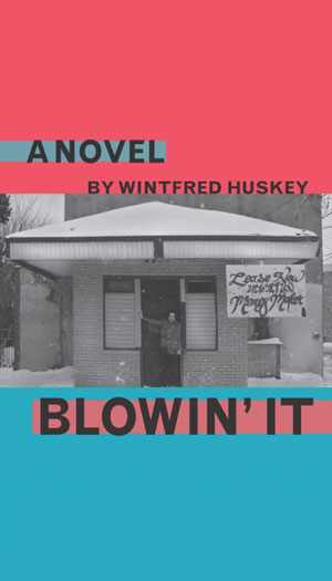 Blowin It cover art. A black-and-white photograph of a person standing in the doorway of a small building. Above it, a strip of red. Below it, a strip of blue