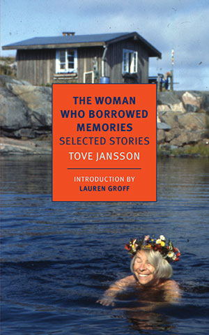 The Woman who Borrowed Memories cover art. A photograph of a woman laughing in a lake in front of an old brown house