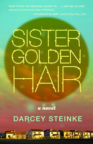 Sister Golden Hair cover art. Large golden text over a red-and-blue sky above small houses