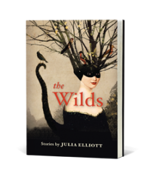 The Wilds cover art. A woman sits in a black mask. Her hair transforms into a tree and her tail into a curvy shape with a bird at its top