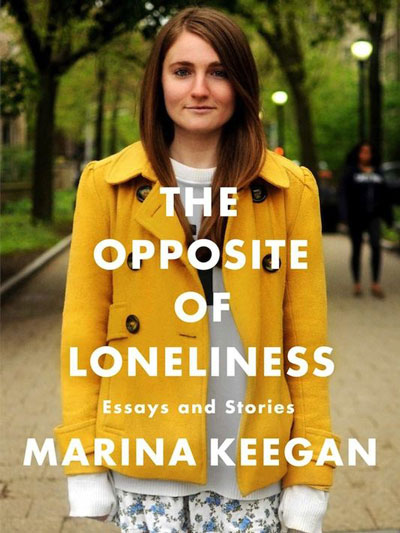 The Opposite of Loneliness cover art. A woman in a yellow coat stands in a park.