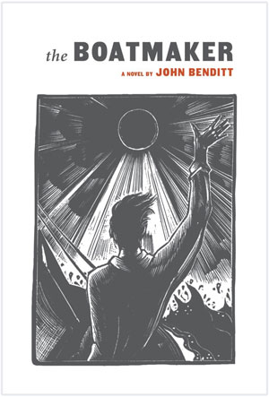 The Boatmaker cover art. A black-and-white drawing of a man on a boat reaching up to the sun