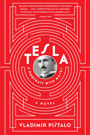 Tesla: A Portrait with Masks cover art. White lines forming a circular maze on a red background