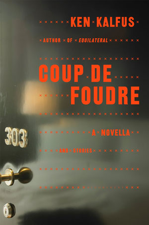 Coup de Foudre cover art. A photograph of a black door reflecting a hotel bed. 