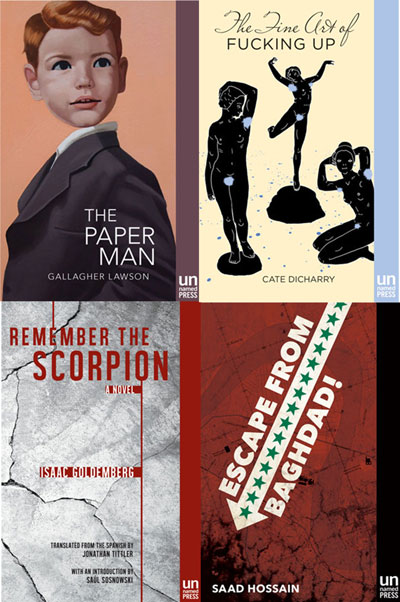 The cover art of four novels: The Paper Man, with a painting of a young boy. The Fine Art of Fucking Up, with black figurines of dances. Remember the Scorpion, red ink against a grey background. And Escape Room Baghdad with an arrow filled in with green stars. 