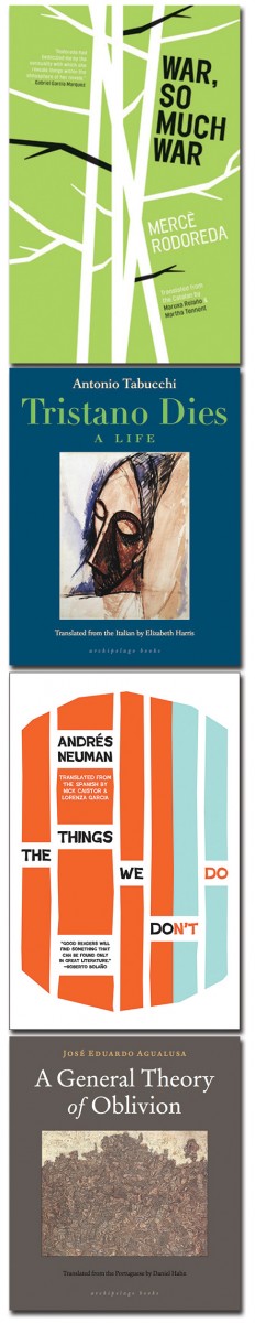 Cover art for the four books. For War, So Much War, white branches against a solid green background. For Tristano Dies, a painting of a person's face. For The Things We Don't Do, vertical orange and blue stripes against a white background. For A General Theory of Oblivion, a painting of a crowd.