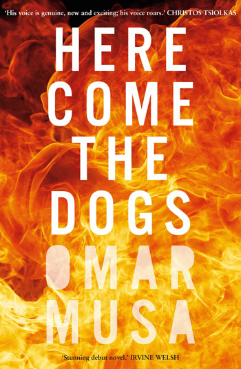 Here Come the Dogs cover art. White text over a raging orange fire