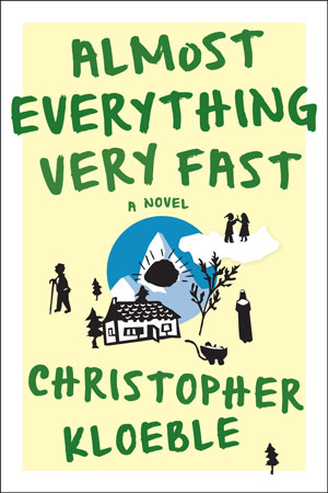 Almost Everything Very Fast cover art. Small black outlines of people, trees, a house, and a sun against a yellow background with large green lettering