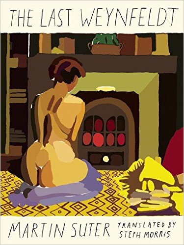 The Last Weynfeldt cover art. Abstract art of a nude woman sitting on a yellow carpet in front of a fireplace