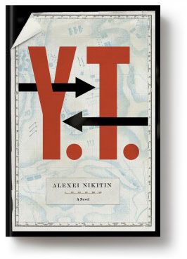 Y.T. cover art. Two arrows pointing in different directions through red text over a light blue map