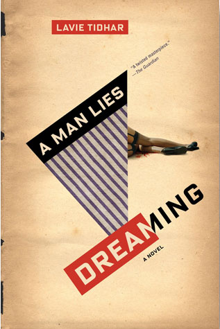 A Man Lies Dreaming cover art. Half of a man's lying body obscured by an purple-striped triangle with the words of the title