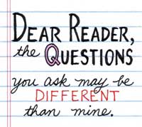 handwritten text saying 'dear reader, the questions you ask may be different than mine' on notebook paper