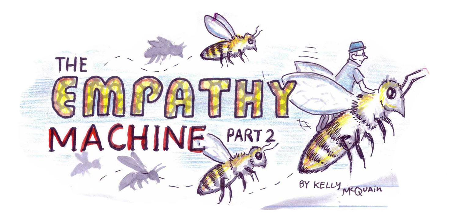 Empathy-Machine-Bee-Header, hand-drawn bees flying with text saying 'the empathy machine part 2'