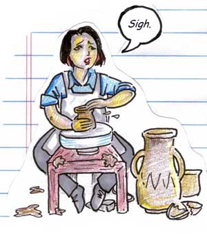 In-the-fiber-arts, cartoon illustration of woman using pottery wheel with speech bubble saying 'sigh'