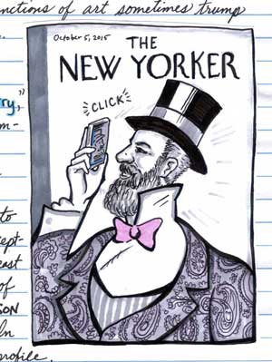 The-Nude-joker, hand-drawn cover of The New Yorker with man in bowtie and top hat taking selfie