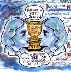 blue illustration of mirrored heads of keats with golden chalice in middle