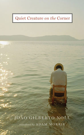 Quiet Creature cover art. A man in a white shirt and straw-colored hat sitting in a wooden chair in the ankle-deep water of a lake.