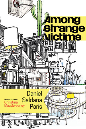 Among Strange Victims cover art. A drawing of a cluttered house with lamps, stairs, pinwheels, a birdcage, and a cactus