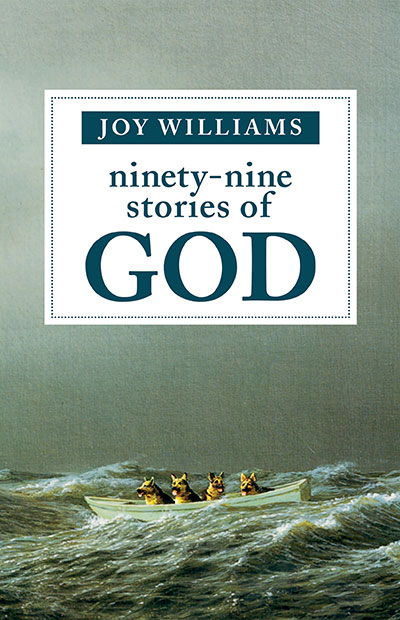 Ninety-Nine Stories of God cover art. Four dogs sit in a skiff on a stormy sea