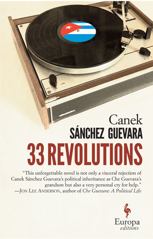 33 Revolutions cover art. A record spinning on a player with the Cuban flag in the center of the record