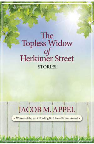 The Topless Widow of Herkimer Street cover art. A blurred green-blue world above a white fence and below tree leaves