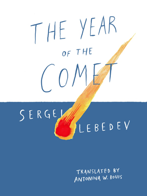 The Year of the Comet cover art. A simple drawing of a flaming comet descending into an ocean below a white sky