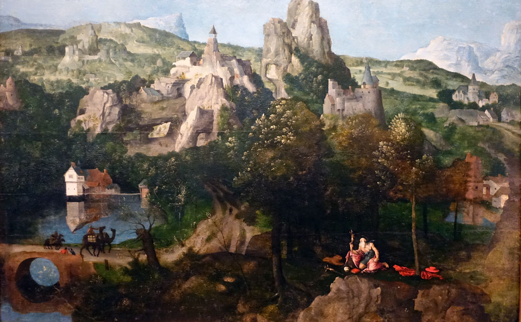Painting of rocky mountains with small houses and camels walking on a path