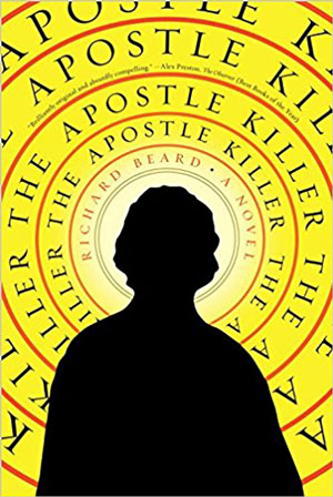 The Apostle Killer cover art. A man's shadow stands in front of a tunnel made of yellow rings with red borders