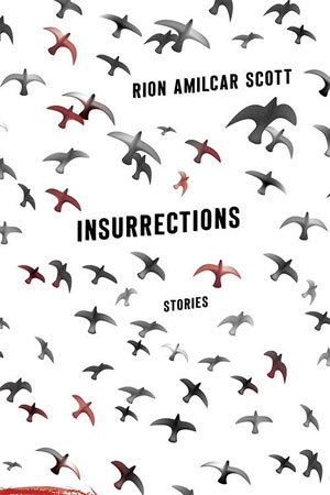 Insurrections cover art. A flock of red, white, and black birds