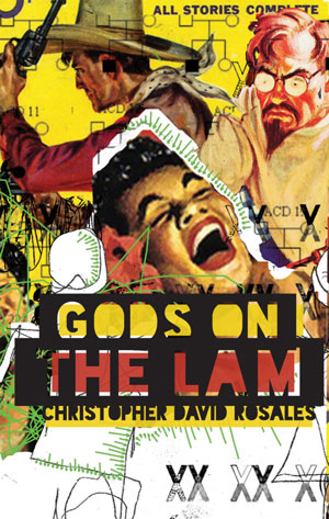 Gods on the Lam cover art. Clippings of human faces against a yellow background