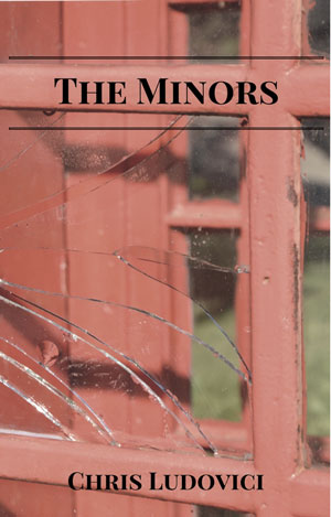 The Minors cover photo. A cracked glass window in front of a red door