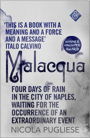 Malacqua cover art. Dark blue text against a white background