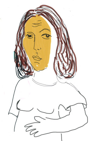 Sketch of woman with brown hair and face that's painted yellow