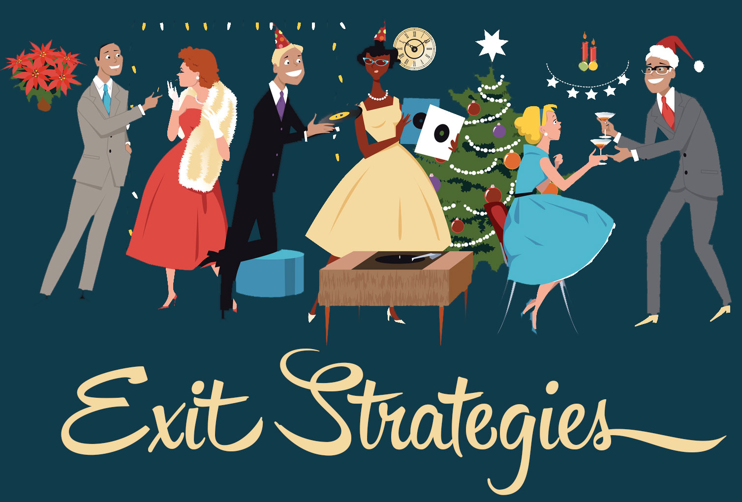 vintage holiday party with title "exit strategies"