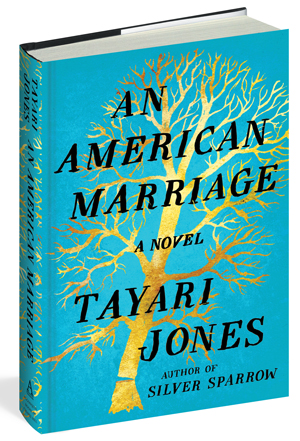 An American Marriage cover art. Black writing against a light blue background with a golden tree