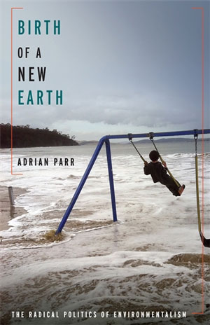 Birth of a New Earth book jacket; on a beach there is a child on a swing set 