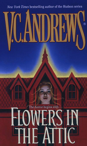 book cover of Flowers in the Attic by V. C. Andrews, dark blue background with red mansion and woman's face in mansion's window