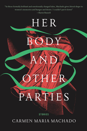 Her Body and Other Parties cover art. A winding green ribbon against an abstract red drawing of a human neck