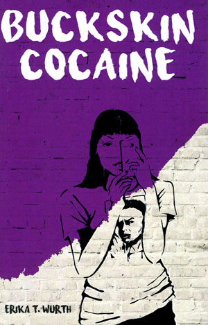 Buckskin Cocaine cover art. A brick wall half purple and half white, behind a drawing of a woman looking at her phone