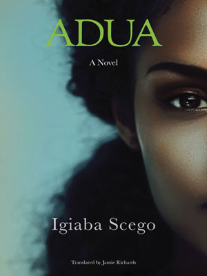 Adua cover art. Half of the face of a dark-skinned woman against a light blue background