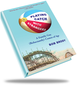 Playing Catch with Strangers book cover; beach ball in the air, rollercoaster track and mountain 