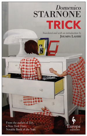 Trick cover art. Abstract art of a girl in a checkered dress standing inside of a white drawer