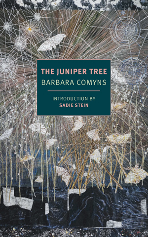 The Juniper Tree cover art. Abstract white butterflies in abstract white trees against a dark blue background