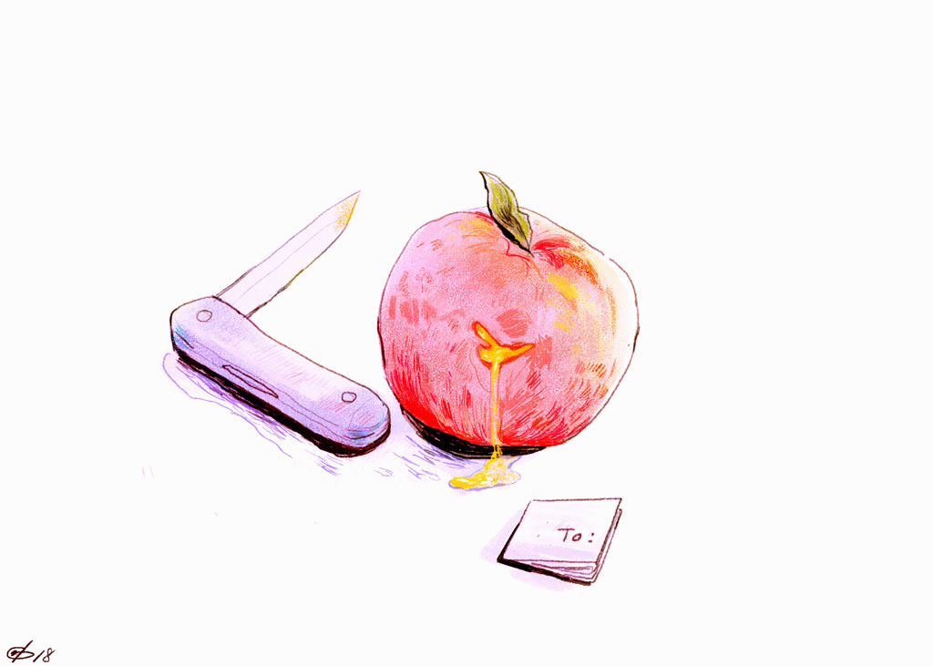 Illustration of pocket knife, apple, and small paper note by Gloria Yuen