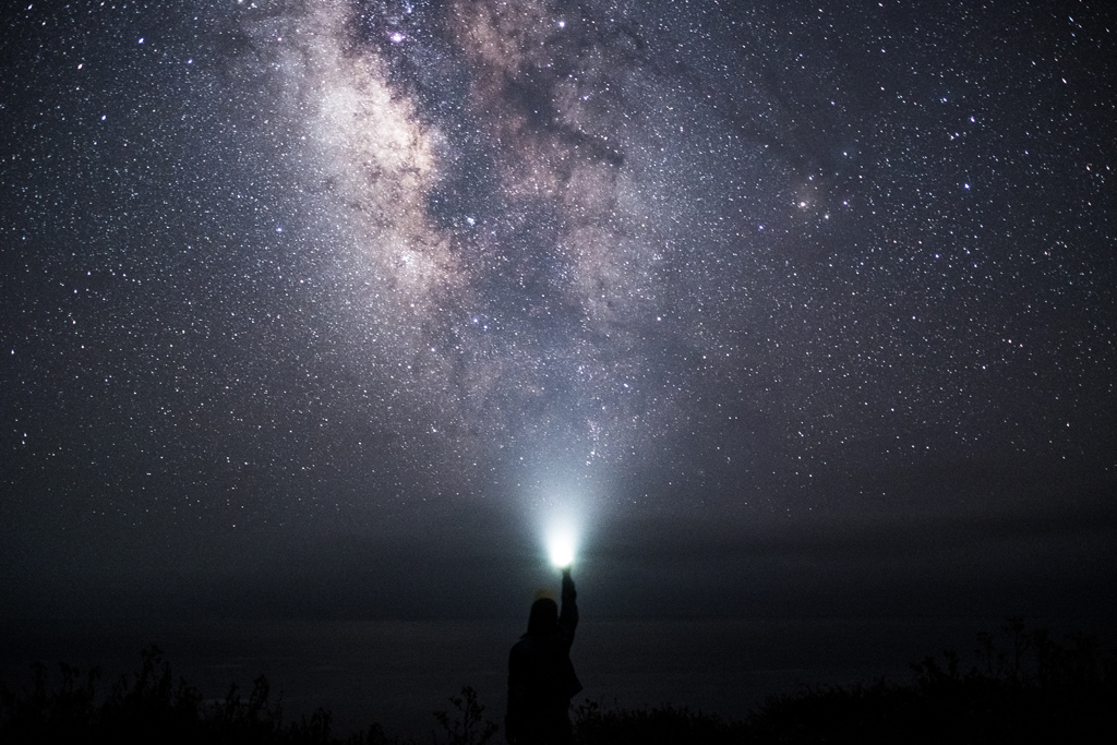 Two people and a flashlight with the Milky Way