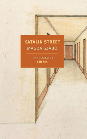 Katalin Street cover art. A view down a white hallway with red doors